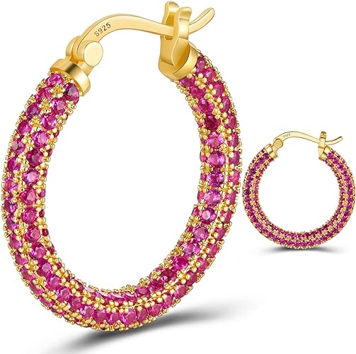 ONE: 925 Sterling Silver Post Hoop Earrings 14K Gold Plated Jewelry CZ