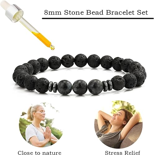 THREE: 3 HANDMADE Bracelets Matte Natural Lava Rock Volcanic Stone Beads Elastic Stretch Labradorite