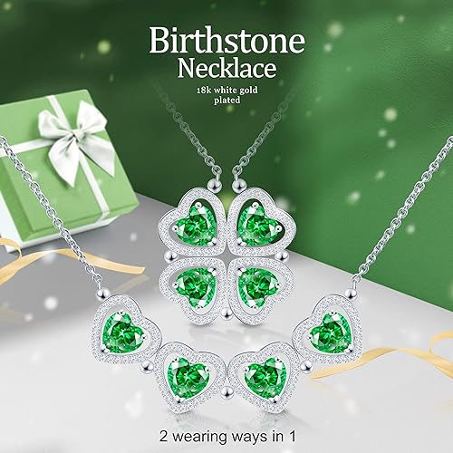 ONE: Lucky Four Leaf White Gold May Emerald Green Clover Pendant Necklaces for Women & Girls