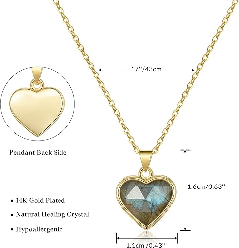 ONE: Handmade Healing Crystal Pendant Necklace, 14K Gold Plated Natural Energy Stone Labradorite-Heart