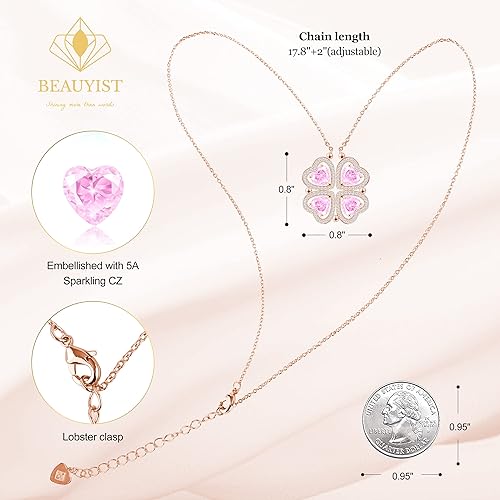 ONE: Lucky Four Leaf Rose Gold Tourmaline Pink Clover Pendant Necklaces for Women & Girls