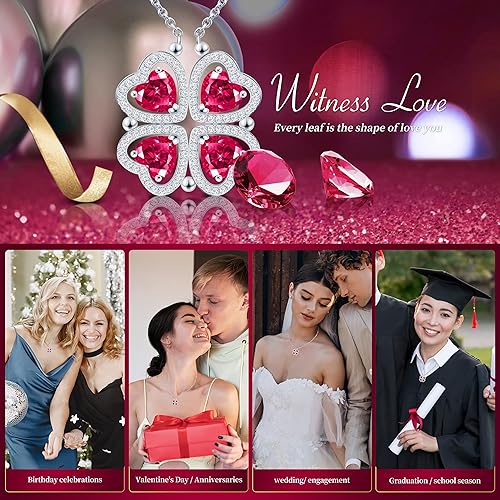 ONE: Lucky Four Leaf White Gold July Ruby Red Clover Pendant Necklaces for Women & Girls