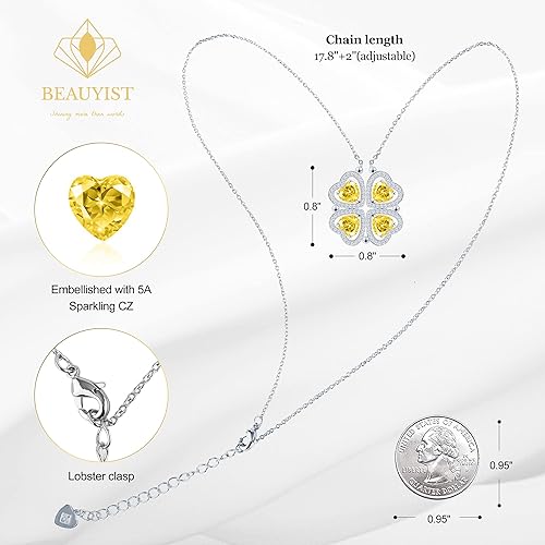 ONE: Lucky Four Leaf White Gold November Citrine Yellow Clover Pendant Necklaces for Women & Girls