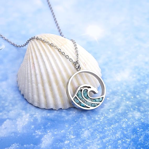 ONE: Wave Turquoise +White Howlite Stainless Steel Pendant Necklaces