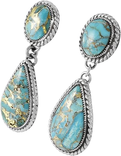 ONE: PAIR Genuine Sky Matrix Turquoise Earrings in Sterling Silver (SOLID) 1.5" Long