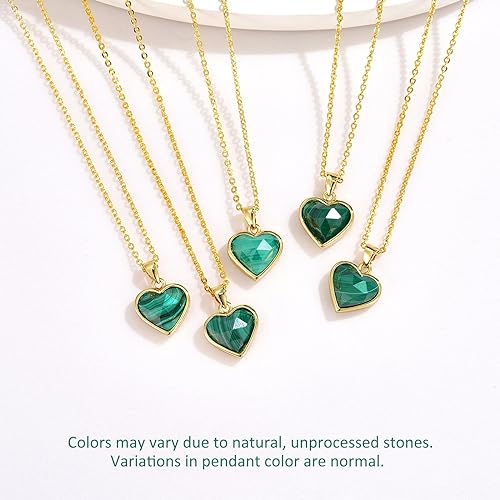 ONE: Handmade Healing Crystal Pendant Necklace, 14K Gold Plated Natural Energy Stone Malachite-Heart
