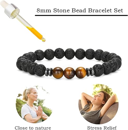 THREE: 3 HANDMADE Bracelets Matte Natural Lava Rock Volcanic Stone Beads Elastic Stretch Tiger Eye