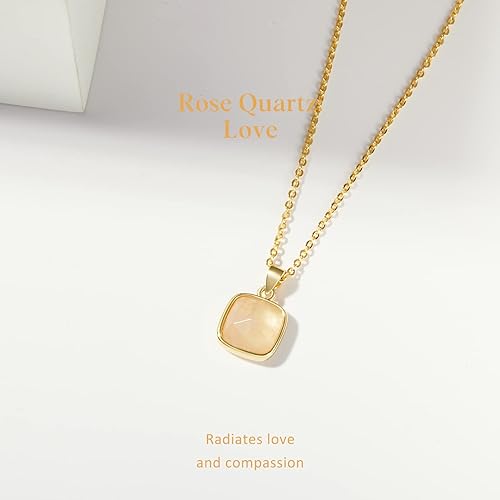 ONE: Handmade Healing Crystal Pendant Necklace, 14K Gold Plated Natural Energy Stone Rose Quartz-Square