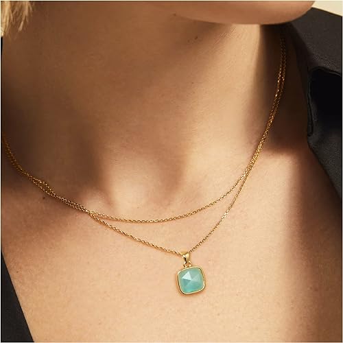 ONE: Handmade Healing Crystal Pendant Necklace, 14K Gold Plated Natural Energy Stone Amazonite-Square