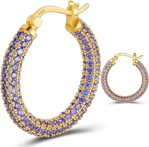 ONE:  ONE: 925 Sterling Silver Post Hoop Earrings 14K Gold Plated Jewelry CZ