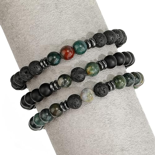 THREE: 3 HANDMADE Bracelets Matte Natural Lava Rock Volcanic Stone Beads Elastic Stretch Agate