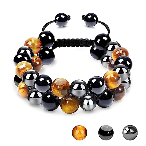 ONE: Tiger Eye Bracelet, Triple Protection Bracelet for Men Women, Handmade Tiger Eye Beads Hematite and Black Obsidian Natural Stone Healing Energy Crystal Bracelets