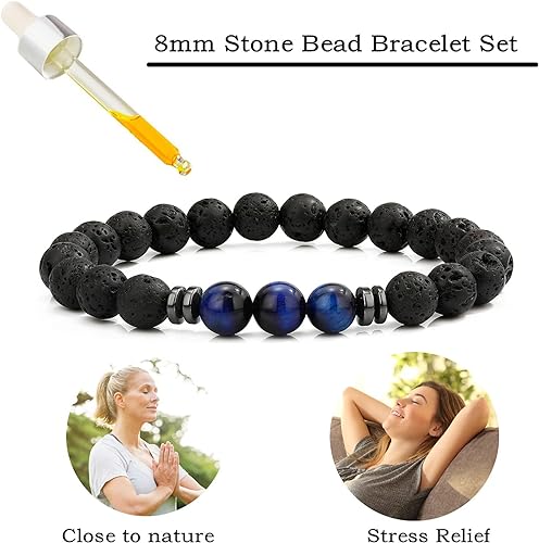 THREE: 3 HANDMADE Bracelets Matte Natural Lava Rock Volcanic Stone Beads Elastic Stretch Tiger Blue