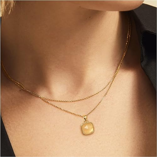 ONE: Handmade Healing Crystal Pendant Necklace, 14K Gold Plated Natural Energy Stone Rose Quartz-Square
