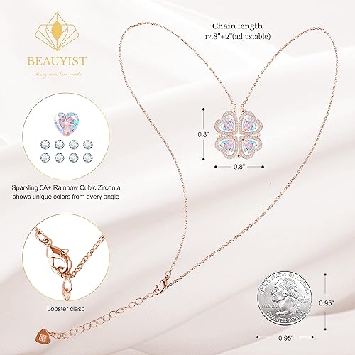 ONE: Lucky Four Leaf Rose Gold Daily Rainbow Clover Pendant Necklaces for Women & Girls