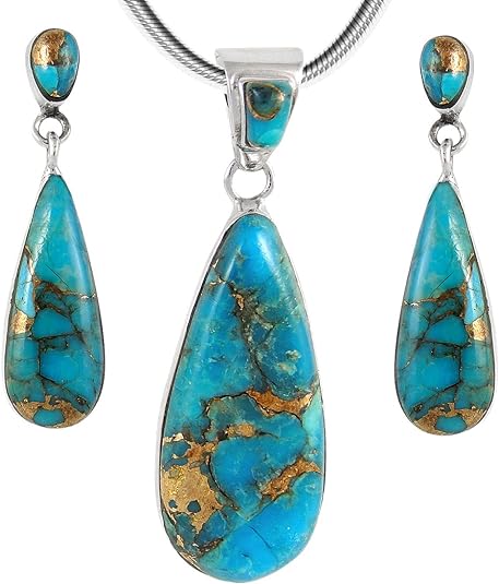 Sterling Silver 925 Matching Pendant & Earrings Set (with 20" Sterling Rope Chain) Genuine Teal/Matrix Turquoise