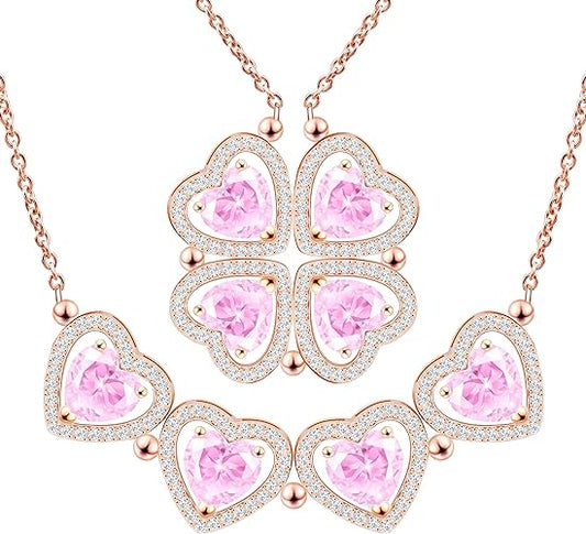 ONE: Lucky Four Leaf Rose Gold Tourmaline Pink Clover Pendant Necklaces for Women & Girls