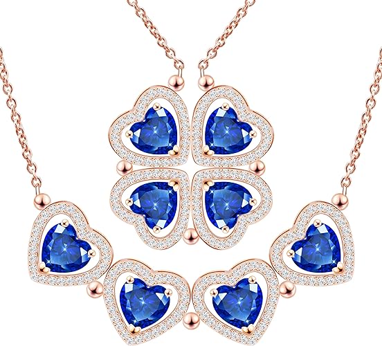 ONE: Lucky Four Leaf Rose Gold September - Safire Blue Clover Pendant Necklaces for Women & Girls