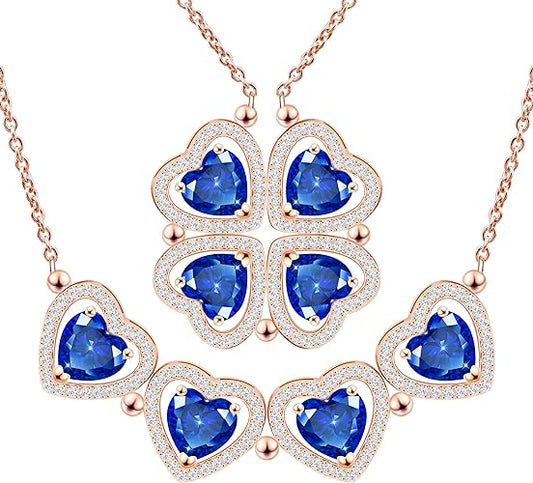 ONE: Lucky Four Leaf Rose Gold September - Safire Blue Clover Pendant Necklaces for Women & Girls