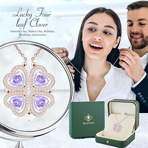 ONE: Lucky Four Leaf Rose Gold JUNE- Alexandrite Clover Pendant Necklaces for Women & Girls