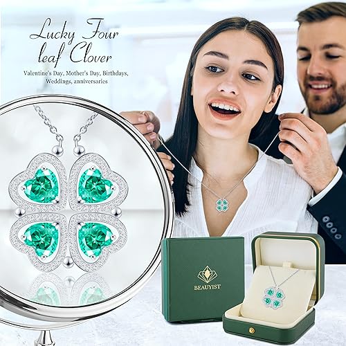 ONE: Lucky Four Leaf White Gold May Columbia Green Clover Pendant Necklaces for Women & Girls