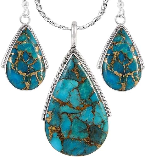 ONE :💎Sterling Silver (Solid) 925 Turquoise Necklace Pendant & Earrings Set Genuine Color: Teal/Matrix Turquoise 20" Necklace