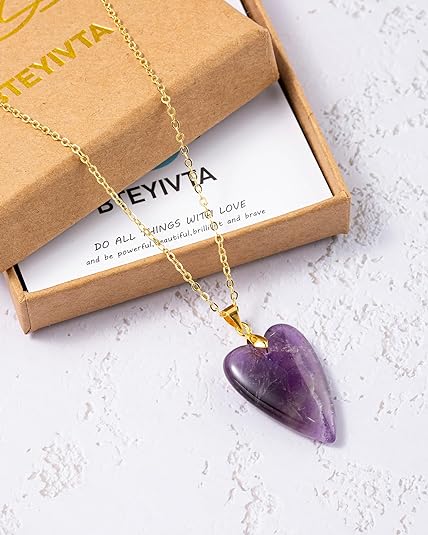 ONE: Handmade Healing Crystal Pendant Necklace, Natural Energy Stone Amethyst-Heart