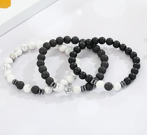 THREE: 3 HANDMADE Bracelets Matte Natural Lava Rock Volcanic Stone Beads Elastic Stretch White Howlite