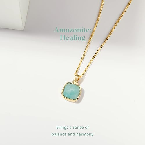 ONE: Handmade Healing Crystal Pendant Necklace, 14K Gold Plated Natural Energy Stone Amazonite-Square
