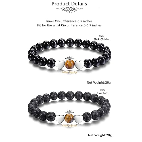 ONE: Premium Handmade Bracelets 2pcs 8mm Black Obsidian & Lava Rock Stones Crystal Bracelets for Couples Handmade Natural Round Gemstone Beaded Healing Crystal Bracelet with Heart Charm for Women Men