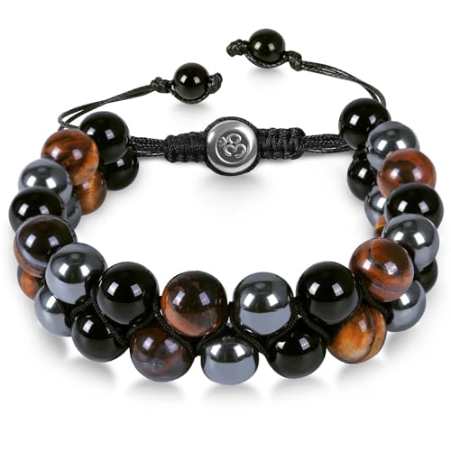 ONE: Tiger Eye Bracelet, Triple Protection Bracelet for Men Women, Handmade Tiger Eye Beads Hematite and Black Obsidian Natural Stone Healing Energy Crystal Bracelets