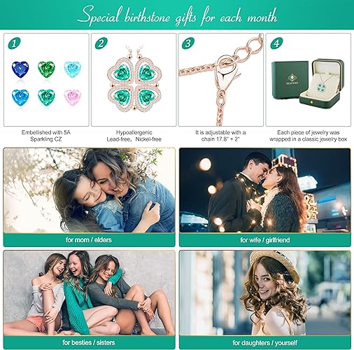 ONE: Lucky Four Leaf Rose Gold MAY- Columbia Green Clover Pendant Necklaces for Women & Girls