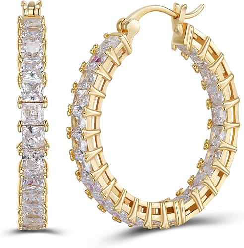 ONE: 925 Sterling Silver Post Hoop Earrings 14K Gold Plated Jewelry CZ