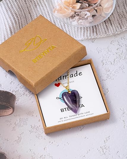ONE: Handmade Healing Crystal Pendant Necklace, Natural Energy Stone Amethyst-Heart