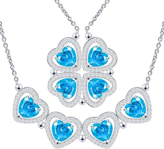 ONE: Lucky Four Leaf White Gold December Blue Topaz Clover Pendant Necklaces for Women & Girls