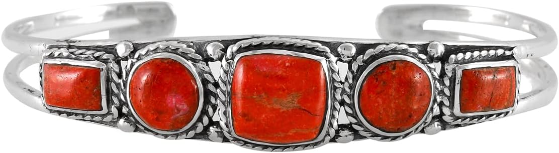 ONE :💎Color: Handmade Genuine Color Coral Turquoise and 925 Sterling Silver (Solid) Cuff Bracelet