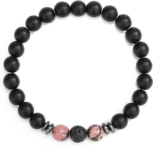 THREE: 3 HANDMADE Bracelets Matte Natural Lava Rock Volcanic Stone Beads Elastic Stretch Rhodonite