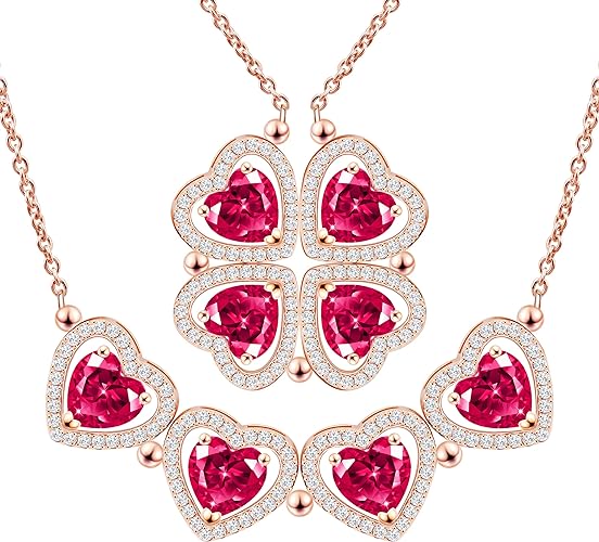 ONE: Lucky Four Leaf Rose Gold JULY- RUBY RED Clover Pendant Necklaces for Women & Girls