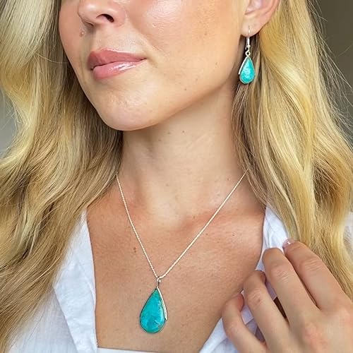 ONE :💎Sterling Silver (Solid) 925 Turquoise Necklace Pendant & Earrings Set Genuine Turquoise 20" Necklace