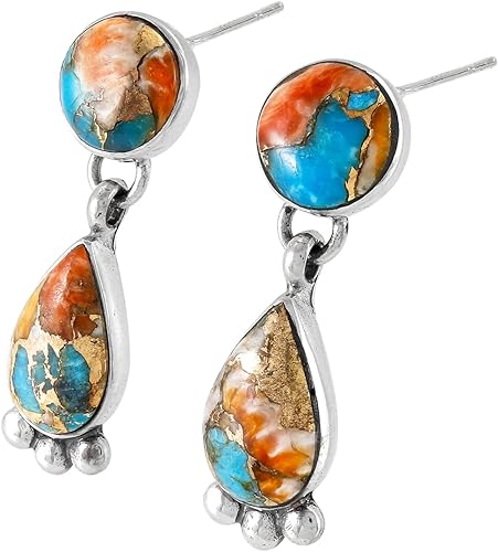 ONE :💎Color: Handmade Genuine Natural Multi Colors Turquoise Earrings 925 Sterling Silver (Solid)