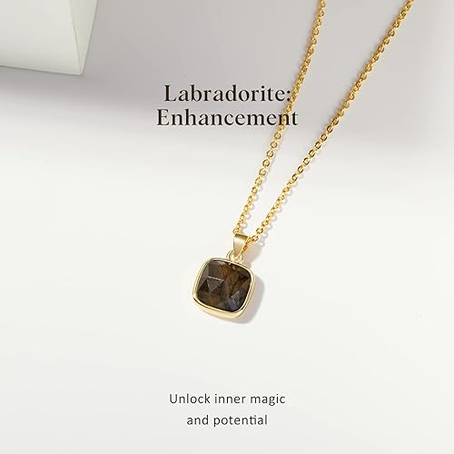 ONE: Handmade Healing Crystal Pendant Necklace, 14K Gold Plated Natural Energy Stone Labradorite-Square