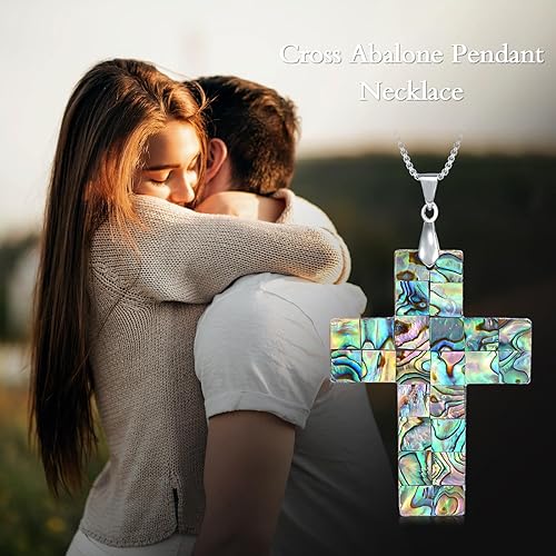ONE: Handmade Healing Crystal Abalone Shell CROSS Pendant Necklace