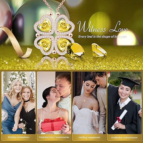 ONE: Lucky Four Leaf Rose Gold November Citrine Yellow Clover Pendant Necklaces for Women & Girls