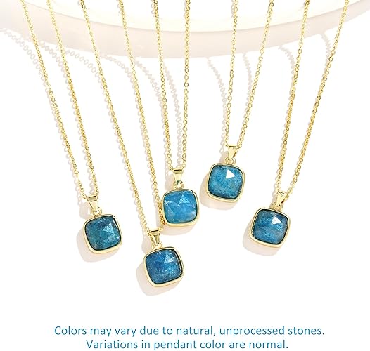 ONE: Handmade Healing Crystal Pendant Necklace, 14K Gold Plated Natural Energy Stone Blue Apatite-Square