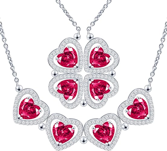 ONE: Lucky Four Leaf White Gold July Ruby Red Clover Pendant Necklaces for Women & Girls