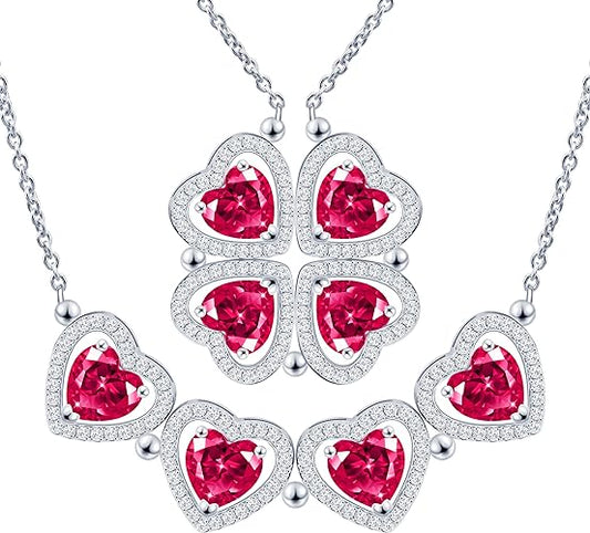 ONE: Lucky Four Leaf White Gold July Ruby Red Clover Pendant Necklaces for Women & Girls