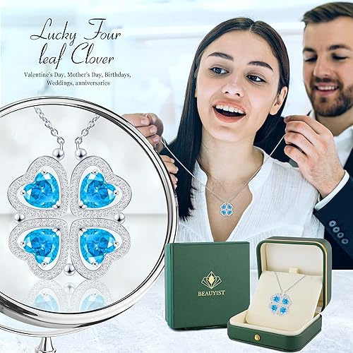 ONE: Lucky Four Leaf White Gold December Blue Topaz Clover Pendant Necklaces for Women & Girls