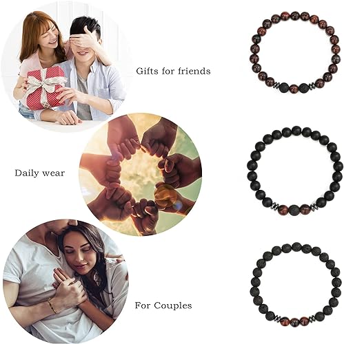 THREE: 3 HANDMADE Bracelets Matte Natural Lava Rock Volcanic Stone Beads Elastic Stretch Tiger RED