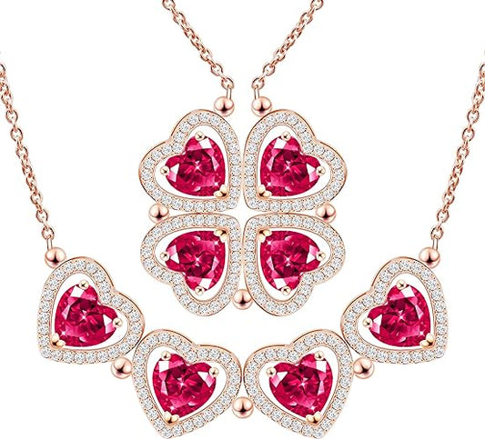 ONE: Lucky Four Leaf Rose Gold JULY- RUBY RED Clover Pendant Necklaces for Women & Girls
