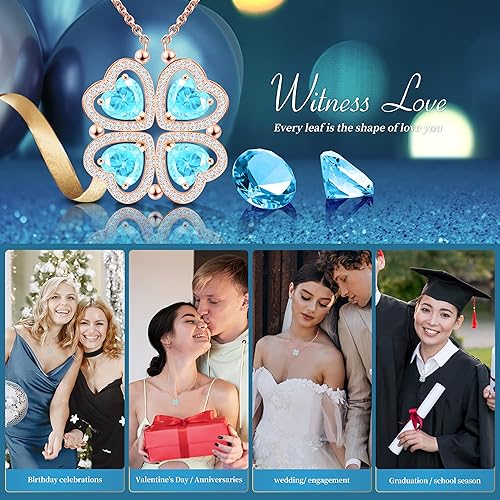 ONE: Lucky Four Leaf Rose Gold Aquamarine Clover Pendant Necklaces for Women & Girls 925